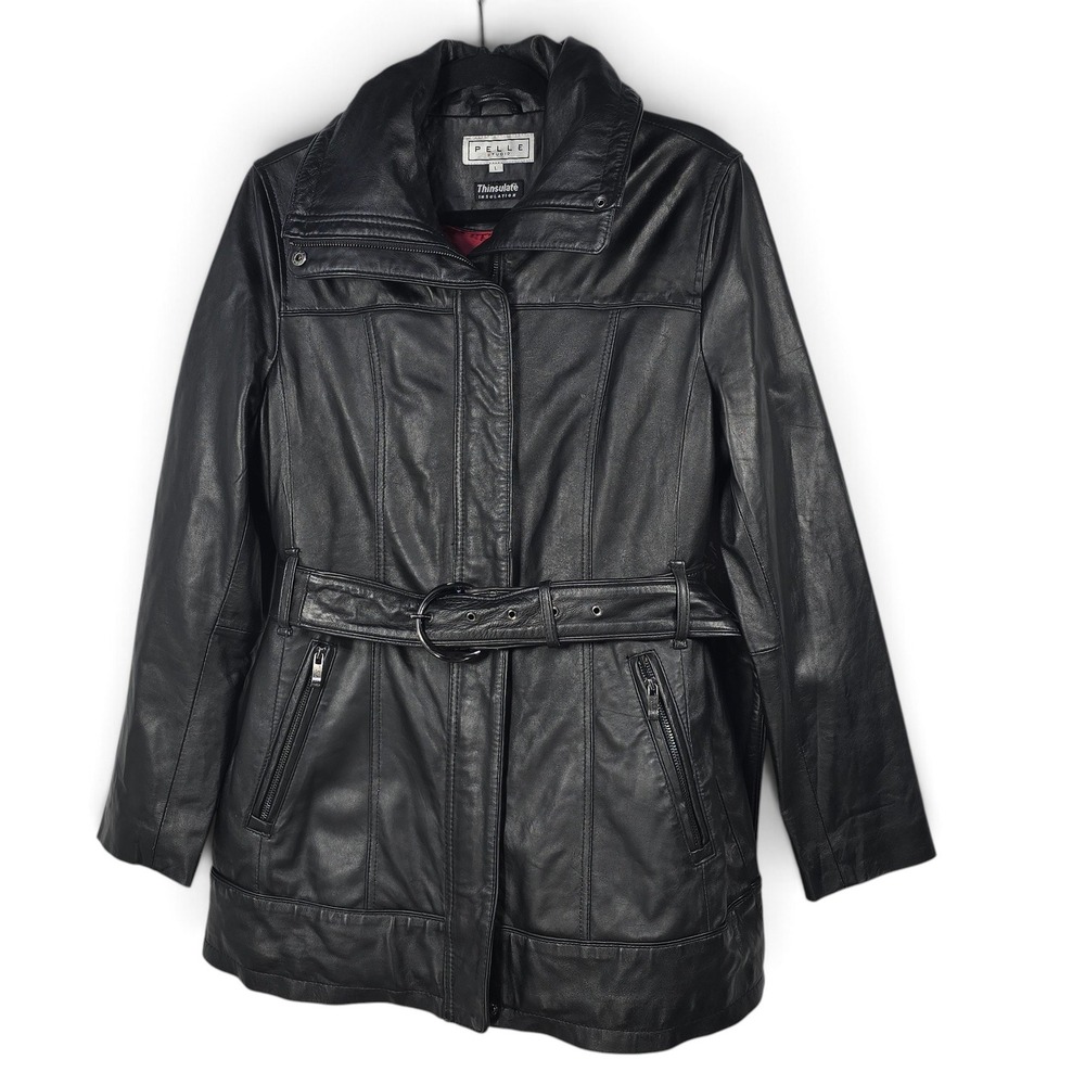 Pelle Studio Jacket Women Lrg Belted Black Genuine Leather Thinsulate EUC Trench